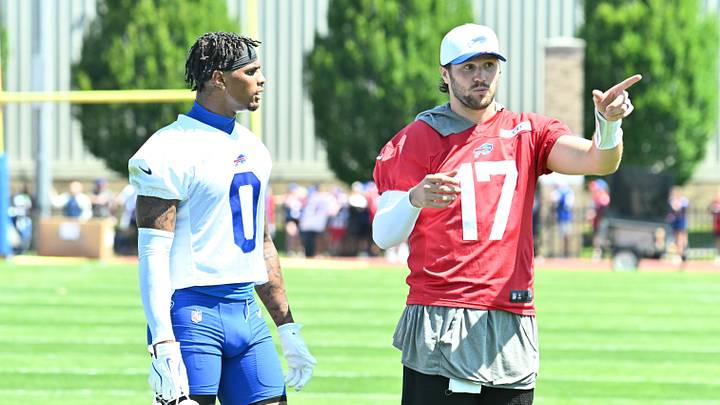 Jul 23, 2025; Pittsford, NY, USA; Buffalo Bills quarterback Josh Allen (17) talks with wide receiver Keon Coleman (0) during training camp practice at St. John Fisher University. Jul 23, 2025; Pittsford, NY, USA; Buffalo Bills quarterback Josh Allen (17) talks with wide receiver Keon Coleman (0) during training camp practice at St. John Fisher University.