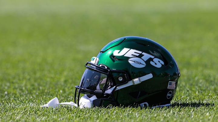 Jul 31, 2021; Florham Park, NJ, USA; A general view of a New York Jets helmet on the field during training camp at Atlantic Health Jets Training Center. Mandatory Credit: Vincent Carchietta-Imagn Images