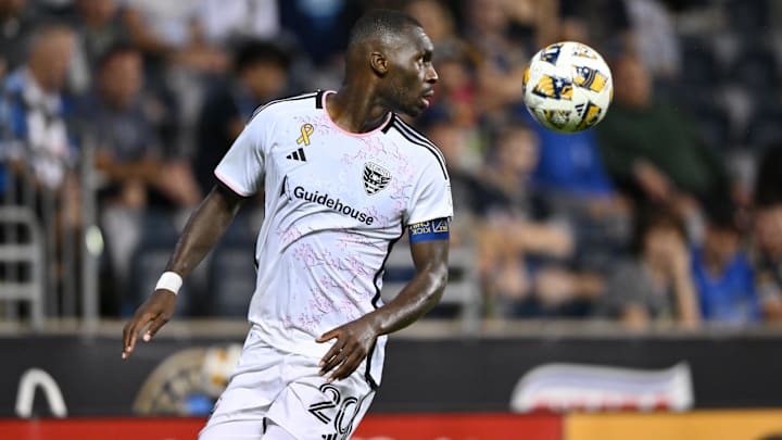 Sep 22, 2024; Philadelphia, Pennsylvania, USA; D.C. United forward Christian Benteke (20) plays the ball in the second half against the Philadelphia Union at Subaru Park. Mandatory Credit: Kyle Ross-Imagn Images
