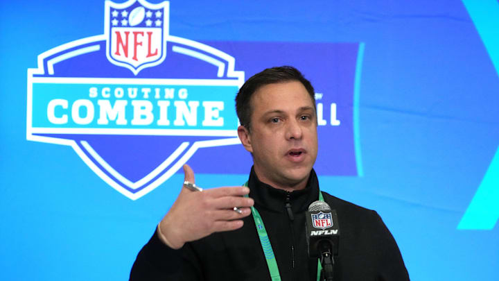 Feb 27, 2024; Indianapolis, IN, USA; Kansas City Chiefs general manager Brett Veach speaks during a press conference at the NFL Scouting Combine at the Indiana Convention Center. Mandatory Credit: Kirby Lee-Imagn Images
