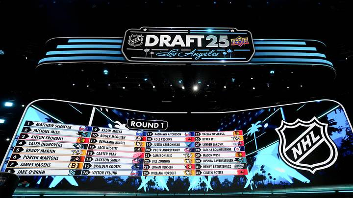 The draft board is seen following the first round of the 2025 NHL Draft at Peacock Theater. Mandatory Credit: Kirby Lee-Imagn Images