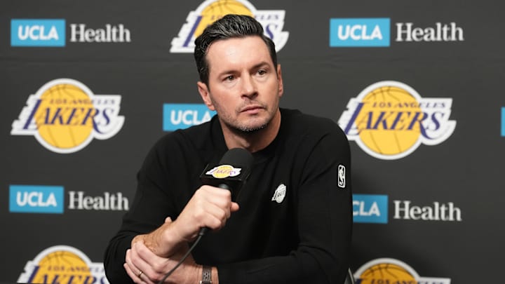 Mar 5, 2026; Los Angeles, California, USA; Los Angeles Lakers head coach JJ Redick at press conference at the Crypto.com Arena. Mandatory Credit: Kirby Lee-Imagn Images