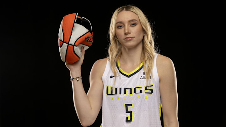 May 7, 2025; Arlington, TX, USA; Dallas Wings guard Paige Bueckers poses for a photo during the 2025 Dallas Wings Media Day. Mandatory Credit: Jerome Miron-Imagn Images