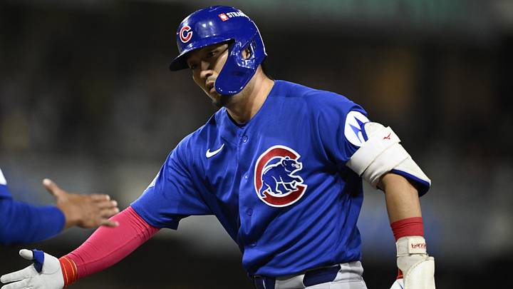 Sep 30, 2026; San Diego, California, USA;  Chicago Cubs outfielder Seiya Suzuki (27) reacts after a single in the fourth inning against the San Diego Padres during game two of the Wildcard round for the 2026 MLB Playoffs at Petco Park.  Mandatory Credit: Denis Poroy-Imagn Images