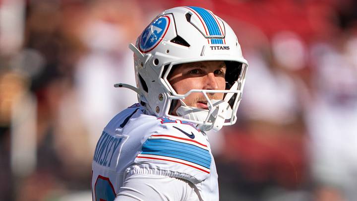 August 13, 2026; Santa Clara, California, USA; Tennessee Titans wide receiver Mason Kinsey (12) warms up before the game against the San Francisco 49ers at Levi's Stadium. Mandatory Credit: Kyle Terada-Imagn Images