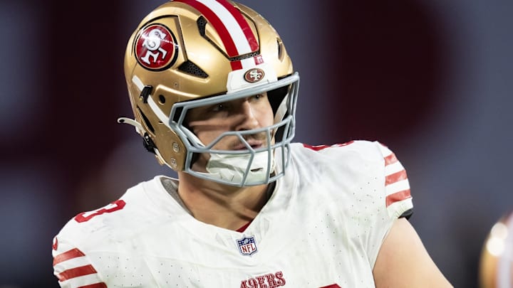 Jan 5, 2025; Glendale, Arizona, USA; San Francisco 49ers offensive tackle Nick Zakelj (63) against the Arizona Cardinals at State Farm Stadium. Mandatory Credit: Mark J. Rebilas-Imagn Images Jan 5, 2025; Glendale, Arizona, USA; San Francisco 49ers offensive tackle Nick Zakelj (63) against the Arizona Cardinals at State Farm Stadium. Mandatory Credit: Mark J. Rebilas-Imagn Images