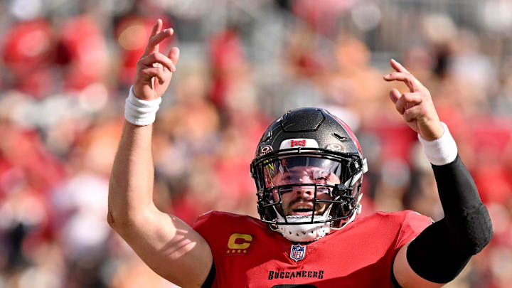 Tampa Bay Buccaneers quarterback Baker Mayfield celebrates after throwing a touchdown pass in the second half against the New Orleans Saints.