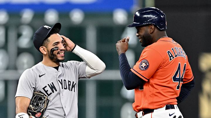 New York Yankees shortstop José Caballero and Houston Astros designated hitter Yordan Alvarez interact during a play review in the fourth inning at Daikin Park. Mandatory Credit: Maria Lysaker-Imagn Images New York Yankees shortstop José Caballero and Houston Astros designated hitter Yordan Alvarez interact during a play review in the fourth inning at Daikin Park. Mandatory Credit: Maria Lysaker-Imagn Images