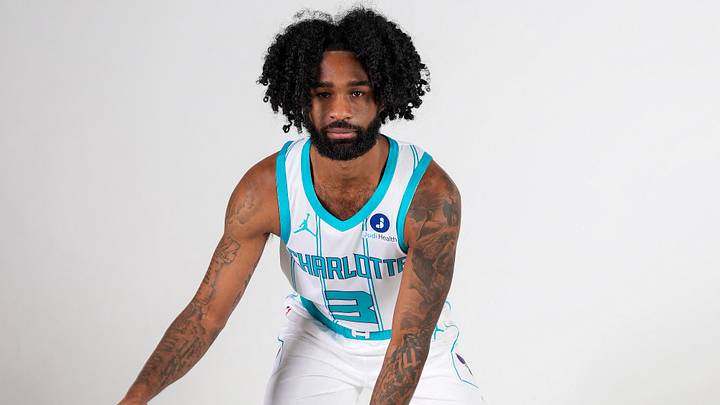 Charlotte Hornets player Coby White (3) poses for photos during media day Charlotte Hornets player Coby White (3) poses for photos during media day