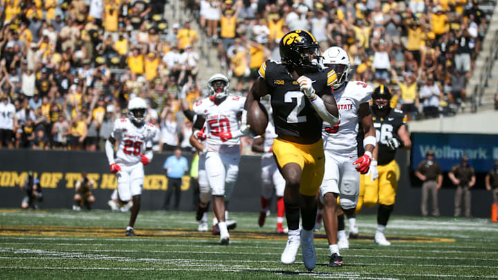 Iowa’s Kaleb Johnson (2) runs to the endzone where he would score against Illinois State Saturday, Aug. 31, 2024 at Kinnick Stadium in Iowa City, Iowa.