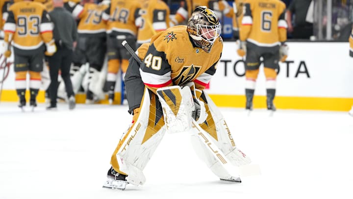 Jan 8, 2026; Las Vegas, Nevada, USA; Vegas Golden Knights goaltender Akira Schmid (40) enters the game as goaltender Carter Hart (79) is helped off the ice after an apparent injury against the Columbus Blue Jackets during the first period at T-Mobile Arena. Mandatory Credit: Stephen R. Sylvanie-Imagn Images