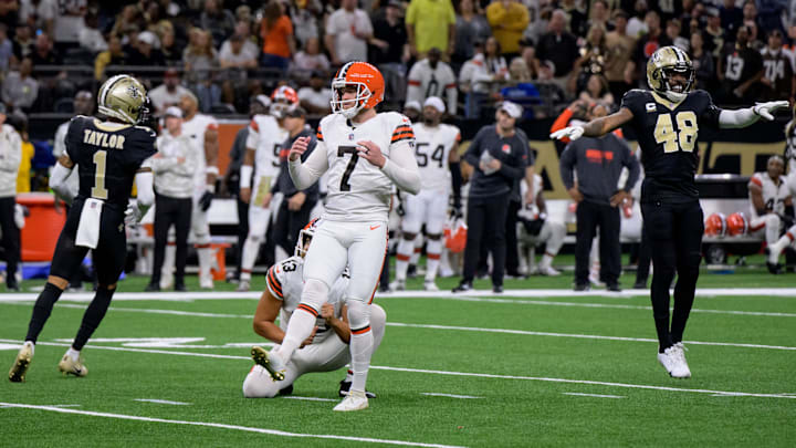 Nov 17, 2024; New Orleans, Louisiana, USA; Cleveland Browns place kicker Dustin Hopkins (7) and punter Corey Bojorquez (13) and New Orleans Saints safety J.T. Gray (48) react after a missed field goal during the second quarter at Caesars Superdome. Mandatory Credit: Matthew Hinton-Imagn Images