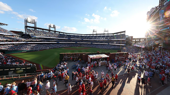 Oct 6, 2025; Philadelphia, Pennsylvania, USA; A general view of the stadium as fans arrive prior to during game two of the NLDS round between the Philadelphia Phillies and the Los Angeles Dodgers for the 2025 MLB playoffs at Citizens Bank Park. Mandatory Credit: Bill Streicher-Imagn Images