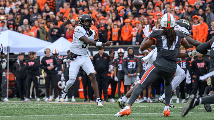 Oct 11, 2025; Corvallis, Oregon, USA; Wake Forest Demon Deacons quarterback Deshawn Purdie (5) throws a pass for a touchdown during the second quarter against the Oregon State Beavers at Reser Stadium. Mandatory Credit: Craig Strobeck-Imagn Images