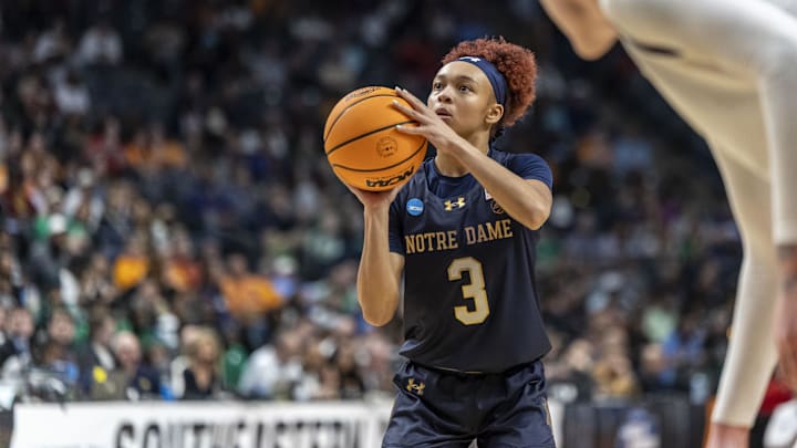 Mar 29, 2025; Birmingham, AL, USA; Notre Dame Fighting Irish guard Hannah Hidalgo (3) shoots a free throw during the first half of a Sweet 16 NCAA Tournament basketball game against the TCU Horned Frogs at Legacy Arena. Mandatory Credit: Vasha Hunt-Imagn Images