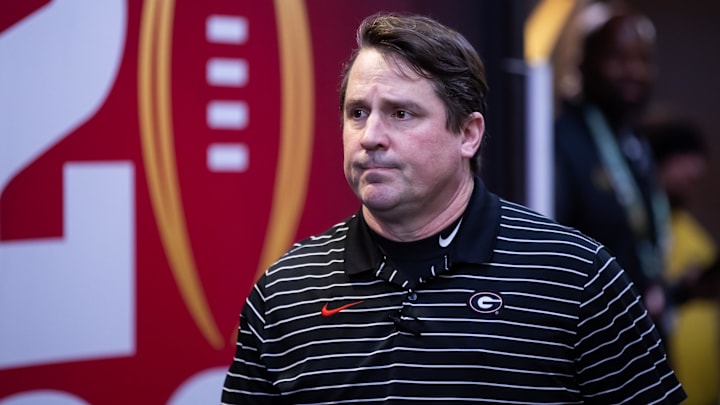 Jan 9, 2023; Inglewood, CA, USA; Georgia Bulldogs co-defensive coordinator Will Muschamp against the TCU Horned Frogs during the CFP national championship game at SoFi Stadium. Mandatory Credit: Mark J. Rebilas-Imagn Images Jan 9, 2023; Inglewood, CA, USA; Georgia Bulldogs co-defensive coordinator Will Muschamp against the TCU Horned Frogs during the CFP national championship game at SoFi Stadium. Mandatory Credit: Mark J. Rebilas-Imagn Images