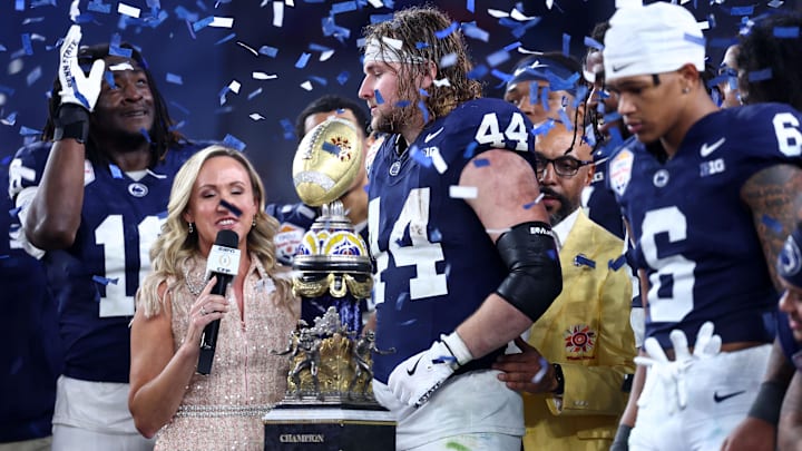 Dec 31, 2024; Glendale, AZ, USA; Penn State Nittany Lions tight end Tyler Warren (44) reacts after being named the offensive MVP for the game against the Boise State Broncos in the Fiesta Bowl at State Farm Stadium. Mandatory Credit: Mark J. Rebilas-Imagn Images Dec 31, 2024; Glendale, AZ, USA; Penn State Nittany Lions tight end Tyler Warren (44) reacts after being named the offensive MVP for the game against the Boise State Broncos in the Fiesta Bowl at State Farm Stadium. Mandatory Credit: Mark J. Rebilas-Imagn Images