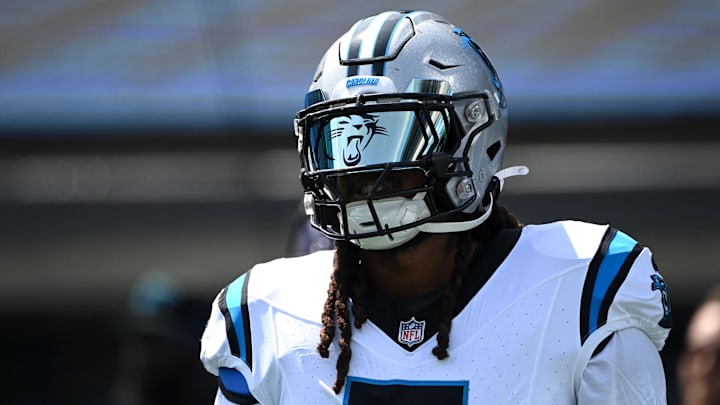 Aug 12, 2023; Charlotte, North Carolina, USA; Carolina Panthers linebacker Shaq Thompson (7) during pregame at Bank of America Stadium.