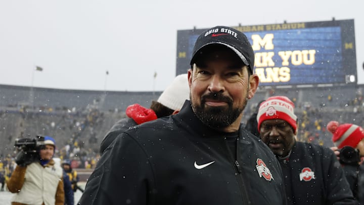 Nov 29, 2025; Ann Arbor, Michigan, USA; Ohio State Buckeyes head coach Ryan Day celebrates after the game against the Michigan Wolverines at Michigan Stadium. Mandatory Credit: Rick Osentoski-Imagn Images