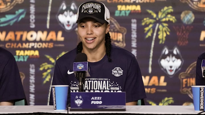 Connecticut Huskies guard Azzi Fudd (35) speaks to the media after the national championship of the women's 2025 NCAA tournament against the South Carolina Gamecocks at Amalie Arena.