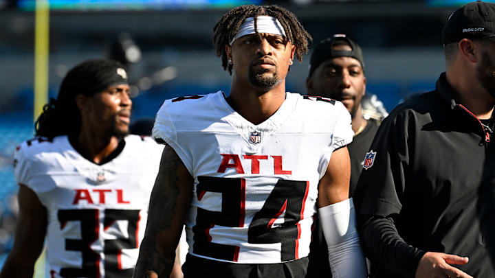 Atlanta Falcons cornerback A.J. Terrell intercepted his first pass in nearly three years Sunday at the Carolina Panthers. Atlanta Falcons cornerback A.J. Terrell intercepted his first pass in nearly three years Sunday at the Carolina Panthers.