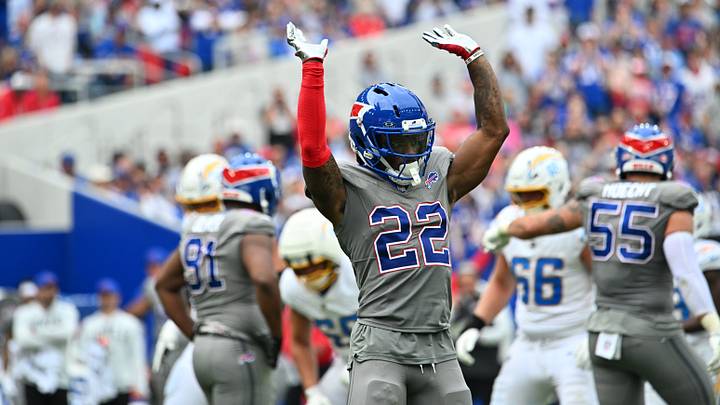 Sep 27, 2026; Orchard Park, New York, USA;  Buffalo Bills safety C.J. Gardner-Johnson (22) reacts in the third quarter against the Los Angeles Chargers at New Highmark Stadium.