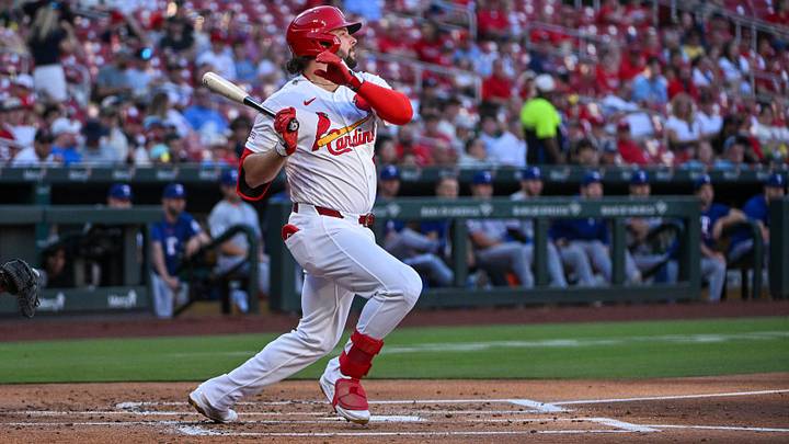 Jun 3, 2026; St. Louis, Missouri, USA; St. Louis Cardinals first baseman Alec Burleson (41) hits a one run single against the Texas Rangers during the first inning at Busch Stadium. Mandatory Credit: Jeff Curry-Imagn Images Jun 3, 2026; St. Louis, Missouri, USA; St. Louis Cardinals first baseman Alec Burleson (41) hits a one run single against the Texas Rangers during the first inning at Busch Stadium. Mandatory Credit: Jeff Curry-Imagn Images