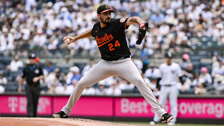 Jun 21, 2025; Bronx, New York, USA; Baltimore Orioles pitcher Zach Eflin (24) pitches against the New York Yankees during the first inning at Yankee Stadium.