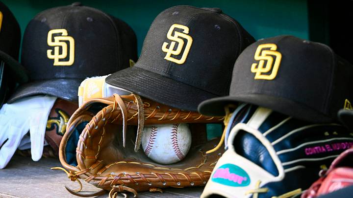 May 24, 2023; Washington, District of Columbia, USA; San Diego Padres hats in the dugout during the game against the Washington Nationals at Nationals Park. Mandatory Credit: Brad Mills-USA TODAY Sports