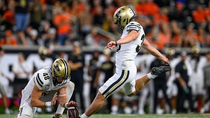 Sep 21, 2024; Corvallis, Oregon, USA; Purdue Boilermakers place kicker Spencer Porath (35) kicks an extra point during the second half against the Oregon State Beavers at Reser Stadium. Mandatory Credit: Craig Strobeck-Imagn Images