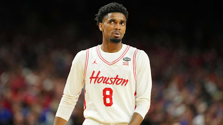Apr 7, 2025; San Antonio, TX, USA; Houston Cougars guard Mylik Wilson (8) reacts after a play against the Florida Gators during the first half of the national championship game of the Final Four of the 2025 NCAA Tournament at the Alamodome. Mandatory Credit: Bob Donnan-Imagn Images Apr 7, 2025; San Antonio, TX, USA; Houston Cougars guard Mylik Wilson (8) reacts after a play against the Florida Gators during the first half of the national championship game of the Final Four of the 2025 NCAA Tournament at the Alamodome. Mandatory Credit: Bob Donnan-Imagn Images