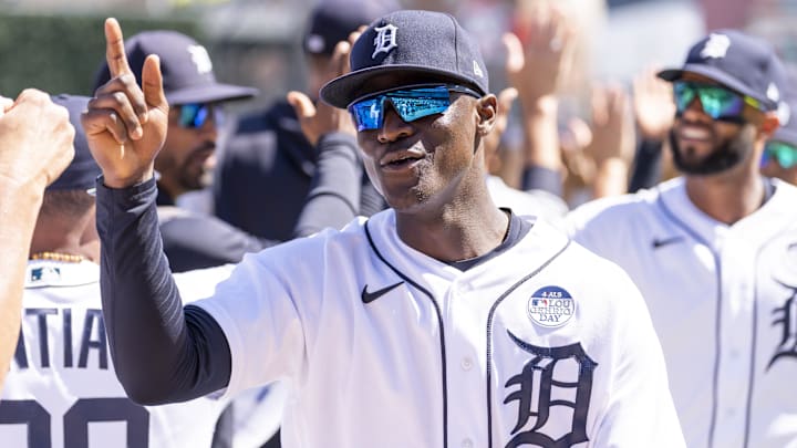 Jun 2, 2022; Detroit, Michigan, USA; Detroit Tigers right fielder Daz Cameron (41) celebrates with teammates after the game against the Minnesota Twins at Comerica Park