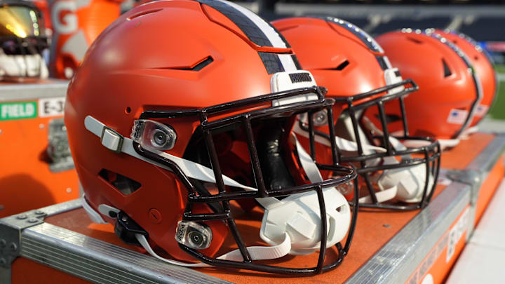 Dec 3, 2023; Inglewood, California, USA; Riddell speedflex Cleveland Browns helmets on the sidelines at SoFi Stadium. Mandatory Credit: Kirby Lee-Imagn Images