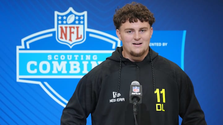 Feb 26, 2025; Indianapolis, IN, USA; Michigan defensive lineman Mason Graham (DL11) during the 2025 NFL Scouting Combine at the Indiana Convention Center. Mandatory Credit: Kirby Lee-Imagn Images