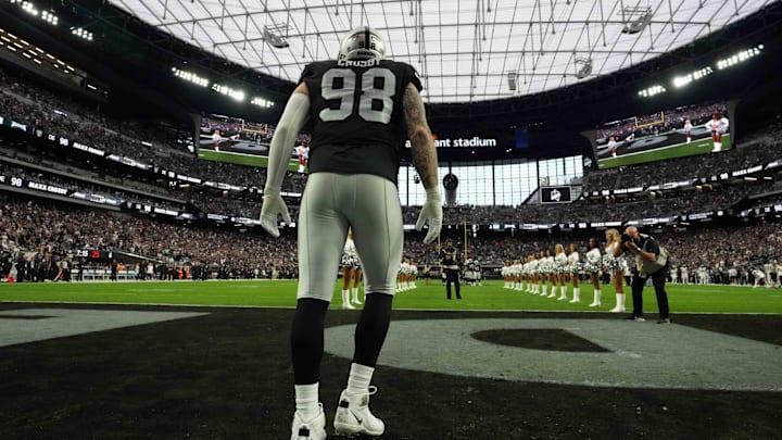 Oct 24, 2021; Paradise, Nevada, USA; A general overall view as Las Vegas Raiders defensive end Maxx Crosby (98) enters the field before the game against the Philadelphia Eagles at Allegiant Stadium. Mandatory Credit: Kirby Lee-Imagn Images