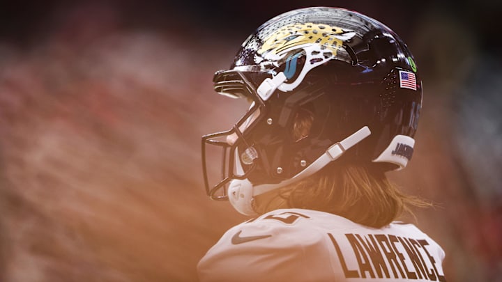 Nov 9, 2025; Houston, Texas, USA; Jacksonville Jaguars quarterback Trevor Lawrence (16) stands on the sideline during the game against the Houston Texans at NRG Stadium. Mandatory Credit: Troy Taormina-Imagn Images