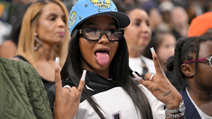 Olympic gymnast Jordan Chiles poses for a photo during the second half of the game between the Dallas Wings and the Indiana Fever at the American Airlines Center. Olympic gymnast Jordan Chiles poses for a photo during the second half of the game between the Dallas Wings and the Indiana Fever at the American Airlines Center.