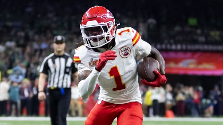 Feb 9, 2025; New Orleans, LA, USA;  Kansas City Chiefs wide receiver Xavier Worthy (1) against the Philadelphia Eagles in Super Bowl LIX at Ceasars Superdome. Mandatory Credit: Mark J. Rebilas-Imagn Images