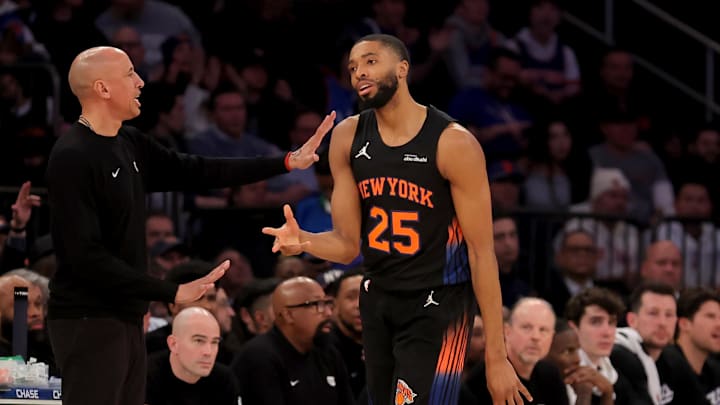 Jan 27, 2026; New York, New York, USA; New York Knicks guard Mikal Bridges (25) celebrates his three point shot in front of Sacramento Kings head coach Doug Christie during the fourth quarter at Madison Square Garden. Mandatory Credit: Brad Penner-Imagn Images