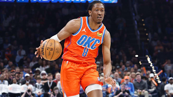 Mar 27, 2024; Oklahoma City, Oklahoma, USA; Oklahoma City Thunder forward Jalen Williams (8) dribbles the ball down the court against the Houston Rockets during the first quarter at Paycom Center. Mandatory Credit: Alonzo Adams-Imagn Images
