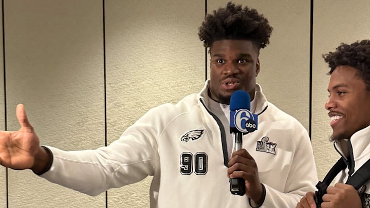 Eagles Jordan Davis (left) and Jahan Dotson having fun during Super Bowl LIX media availability. Eagles Jordan Davis (left) and Jahan Dotson having fun during Super Bowl LIX media availability.