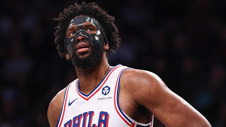 Jan 4, 2025; Brooklyn, New York, USA; Philadelphia 76ers center Joel Embiid (21) looks up during the first half against the Brooklyn Nets at Barclays Center. Mandatory Credit: Vincent Carchietta-Imagn Images