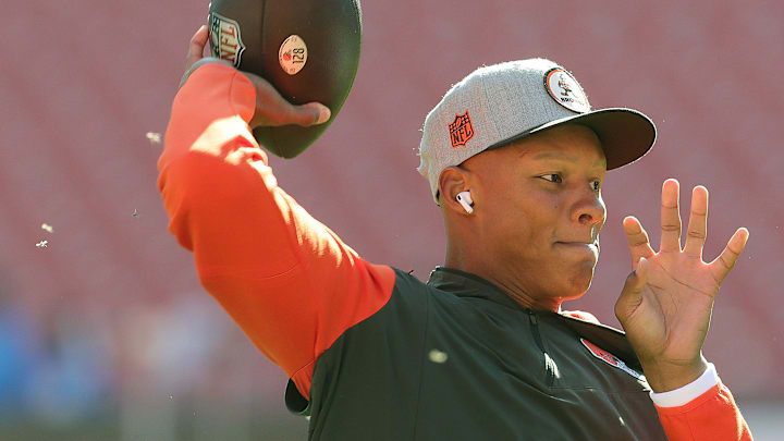 Browns quarterback Josh Dobbs warms up before playing the Los Angeles Chargers on Sunday, Oct. 9, 2022 in Cleveland.