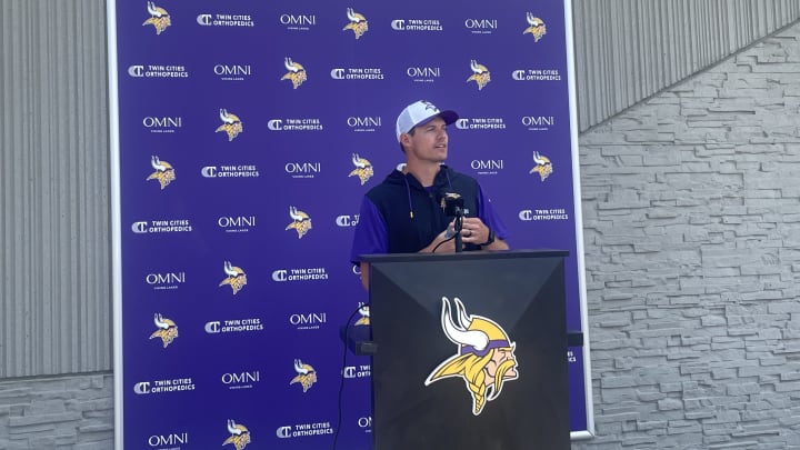 Vikings head coach Kevin O'Connell speaks before the start of training camp on Wednesday, July 24 Vikings head coach Kevin O'Connell speaks before the start of training camp on Wednesday, July 24