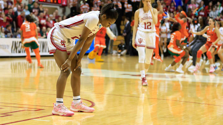 Indiana Hoosiers guard Chloe Moore-McNeil (22) reacts after...