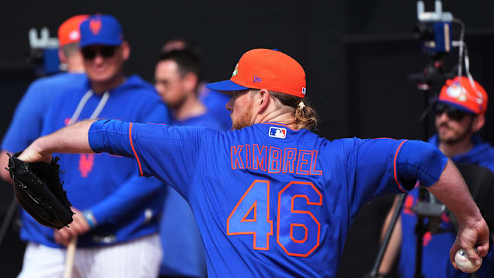 Feb 11, 2026; Port St. Lucie, FL, USA;  New York Mets pitcher Craig Kimbrel (46) throws during spring training. Mandatory Credit: Jim Rassol-Imagn Images