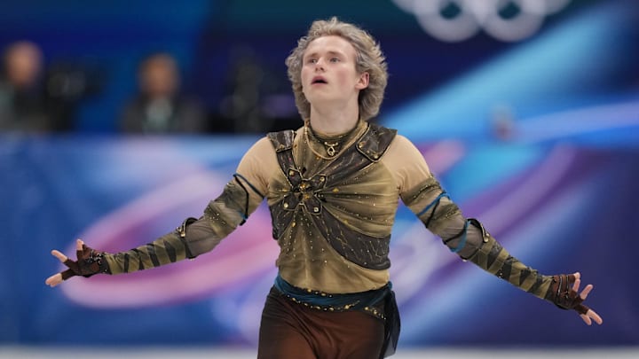 Feb 10, 2026; Milan, Italy; Ilia Malinin of the United States of America competes in men's singles short program during the Milano Cortina 2026 Olympic Winter Games at Milano Ice Skating Arena.