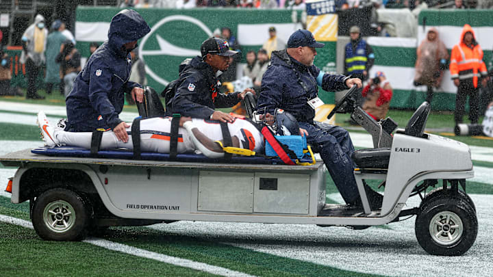 Denver Broncos wide receiver Marvin Mims Jr. (19) is carted off the field after an injury during the first half against the New York Jets at MetLife Stadium. Denver Broncos wide receiver Marvin Mims Jr. (19) is carted off the field after an injury during the first half against the New York Jets at MetLife Stadium.