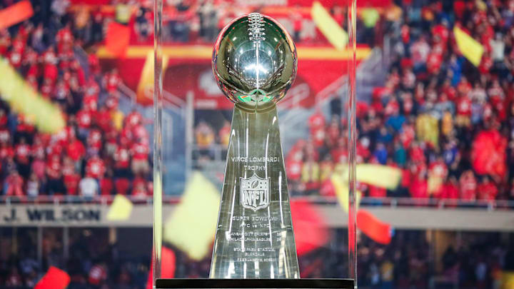 The Chiefs' Vince Lombardi Trophy for winning Super Bowl LVII at the Springfield Expo Center on