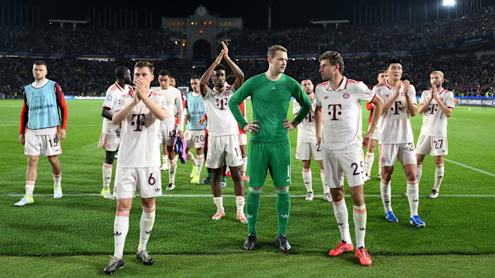 FC Bayern players applaud the fans after their defeat against FC Barcelona which put them 23rd on the UCL points table